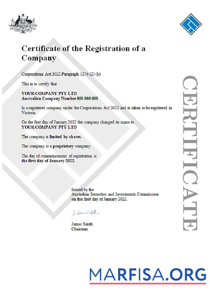 Printable Aust (ASIC) Certificate of Company Registration 1 template